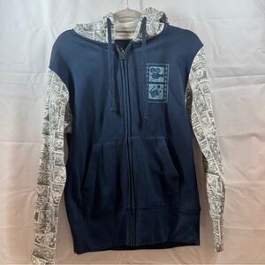 A Universal Studios Navy Zip-Up Hoodie park exclusive a collage of characters XS